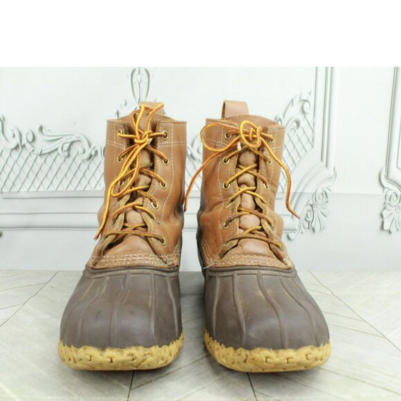 LL Bean Brown Leather Lace Up Round Toe Unlined Ankle Duck Boots Size 9 M - Picture 3 of 9